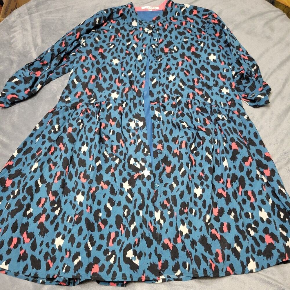 Joy Joy Shirt Dress Womens Medium Blue Leapord Roll Tab‎ Sleeve Comfort Button